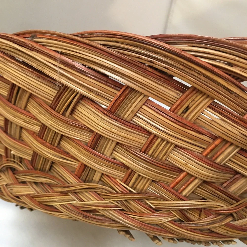 Woven Wicker Basket Home Decor 14 in Brown Round Multi-Tonal Weave Cottagecore